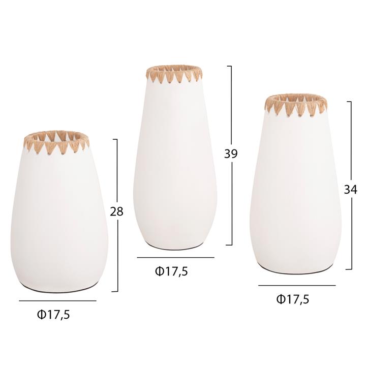 SET 3PCS DECORATIVE VASES HM4373 TERRACOTTA IN WHITE WITH STRAW WEAVING ON THE RIM