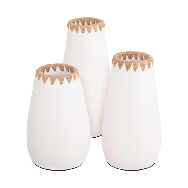 SET 3PCS DECORATIVE VASES HM4373 TERRACOTTA IN WHITE WITH STRAW WEAVING ON THE RIM