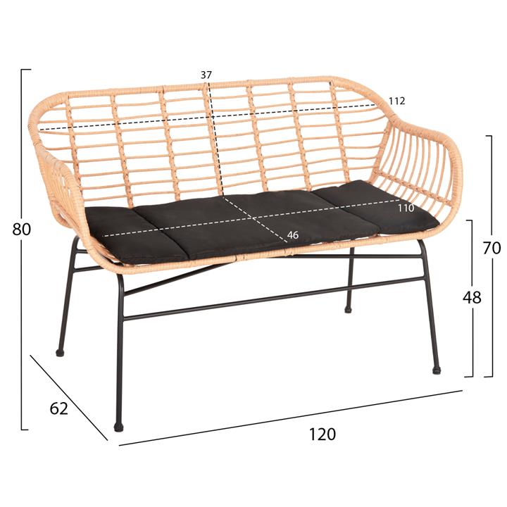 OUTDOOR SOFA ALLEGRA HM6077 BLACK METAL-P.E. RATTAN IN BEIGE 120x62x80Hcm.