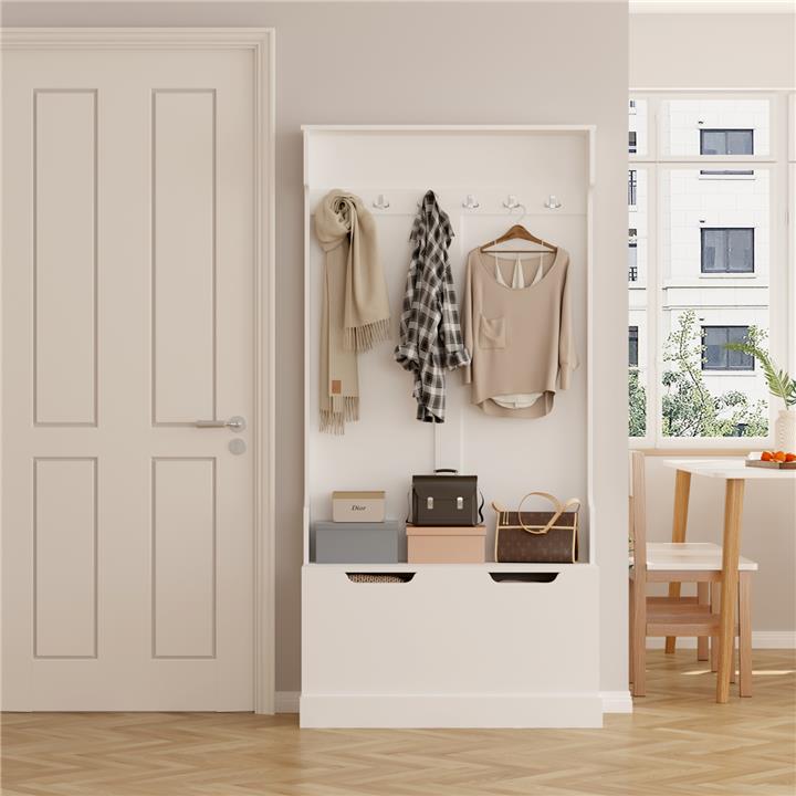 ENTRYWAY FURNITURE KAYLOR HM2475.03 WITH HOOKS&STORAGE SPACE-MDF IN WHITE 93x34x180Hcm.