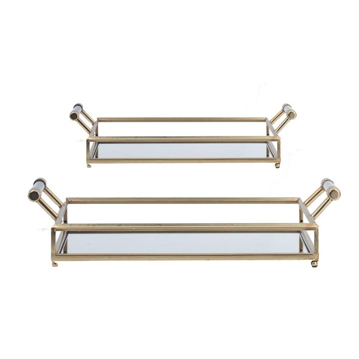 Artekko Tray Διακοσμητικός Δίσκος με Καθρέπτη Μέταλλο Γυαλί Χρυσό (56x31x12.5)cm Σετ/2