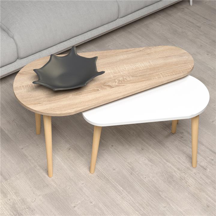 COFFEE TABLES 2PCS APRILIA HM18179.04 MELAMINE IN SONAMA & WHITE-WOODEN LEGS IN NATURAL 95x47x47Hcm