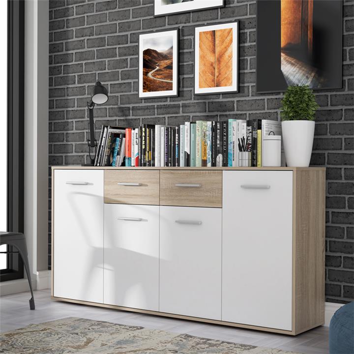 Drepen pakoworld melamine chest of drawers in white and sonoma color 162.3x34.2x81.7cm