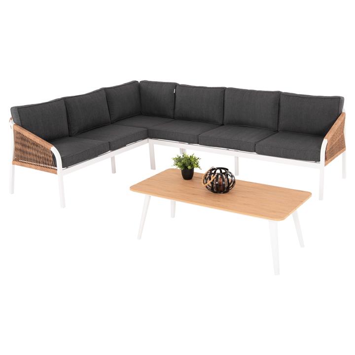OUTDOOR CORNER LOUNGE SET MAERLY HM6140.01 WHITE ALUMINUM-ANTHRACITE CUSHIONS-BEIGE SYNTHETIC ROPE