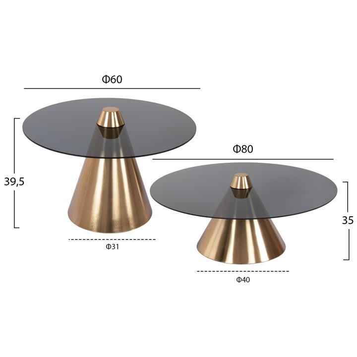 COFFEE TABLES 2PCS REBEN HM9919 METAL IN GOLD-BLACK GLASS TOP Φ80 & Φ60 cm.