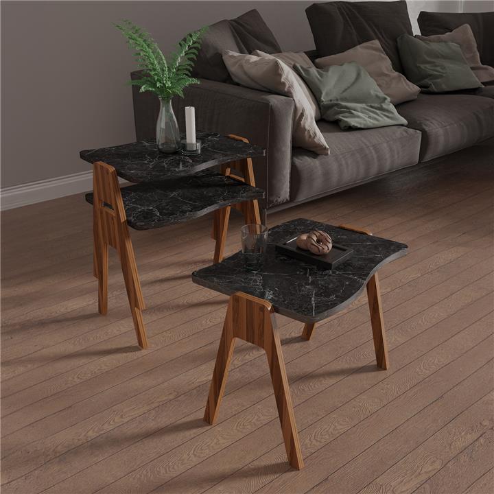 SIDE TABLES 3PCS SET ESSENT HM18175.02 MELAMINE IN WALNUT-BLACK MARBLE TOP 45x35x40Hcm.