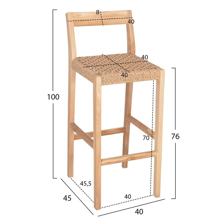 BAR STOOL WITH BACKREST PLERED HM6129 TEAK WOOD & VIRO ROPE 40x45x100Hcm.