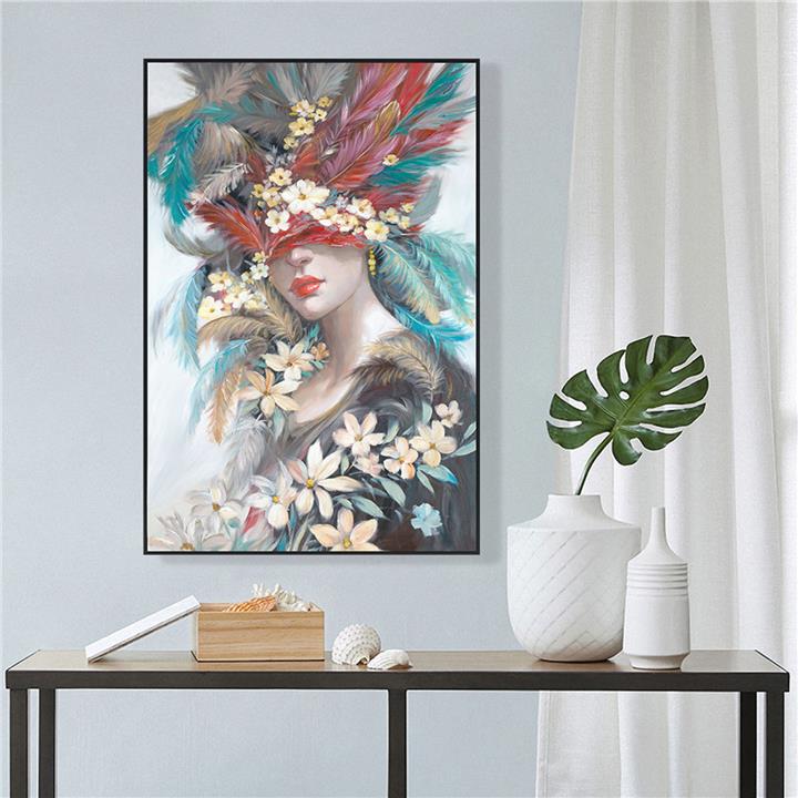WALL PAINTING HM4564 BLACK PS FRAME-PRINTED CANVAS WOMAN'S FACE WITH FEATHERS 82x4,5x122Hcm.