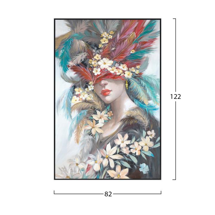 WALL PAINTING HM4564 BLACK PS FRAME-PRINTED CANVAS WOMAN'S FACE WITH FEATHERS 82x4,5x122Hcm.