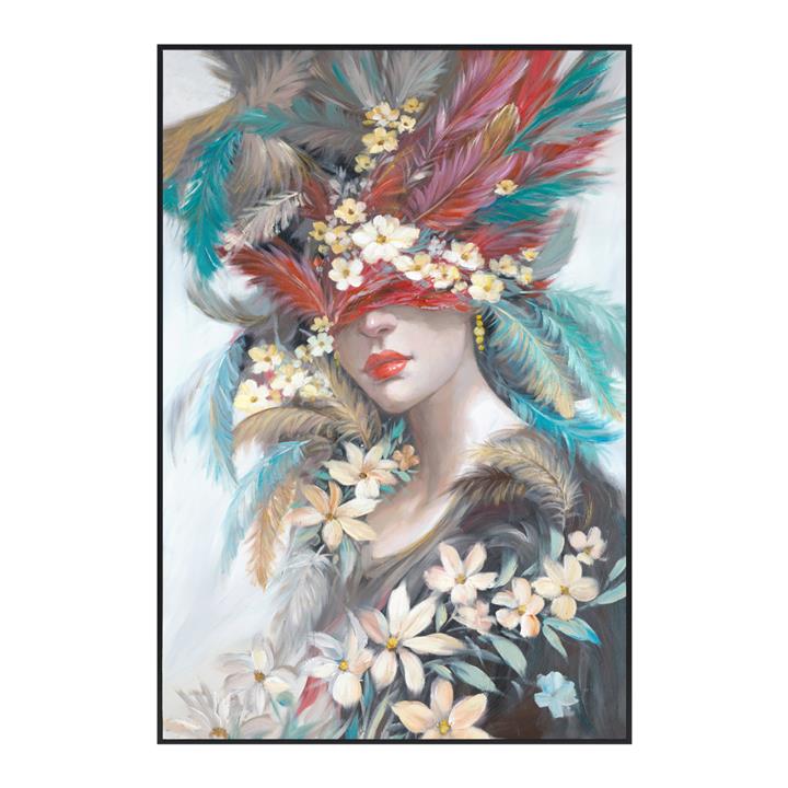 WALL PAINTING HM4564 BLACK PS FRAME-PRINTED CANVAS WOMAN'S FACE WITH FEATHERS 82x4,5x122Hcm.