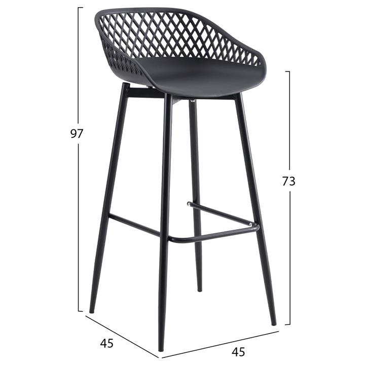 BAR STOOL HM8686.12 BLACK POLYPROPYLENE AND BLACK METAL LEGS 45x45x97Hcm.