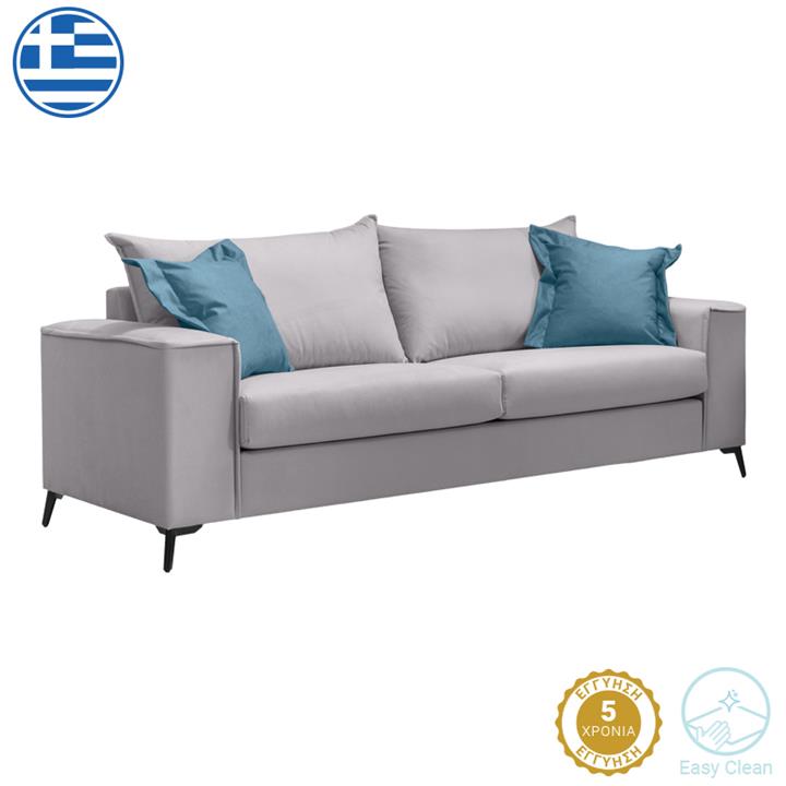 Verona 3-seater sofa light grey fabric with blue cushions 225x93x100cm