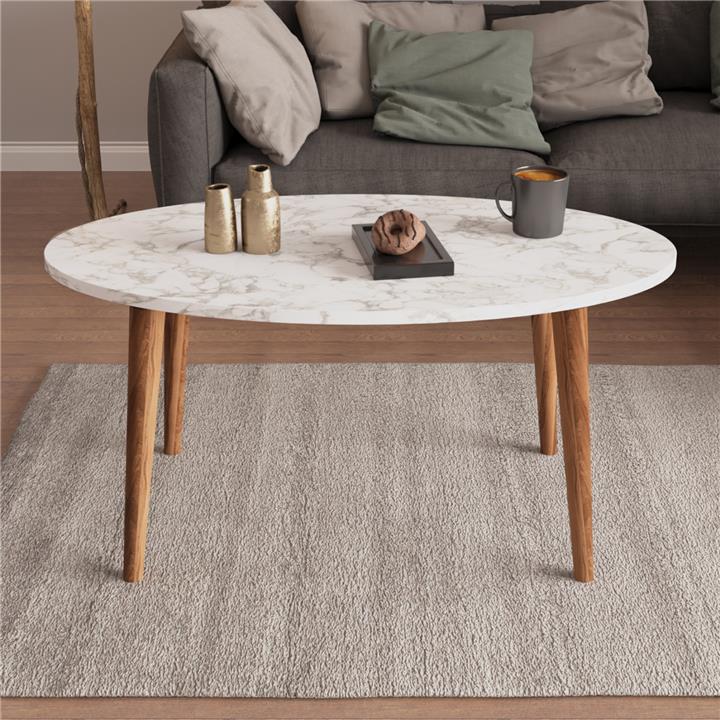 SET OF COFFEE TABLE & 3 SIDE TABLES VITAL HM18180.03 MELAMINE IN WHITE MARBLE-WOODEN LEGS IN WALNUT