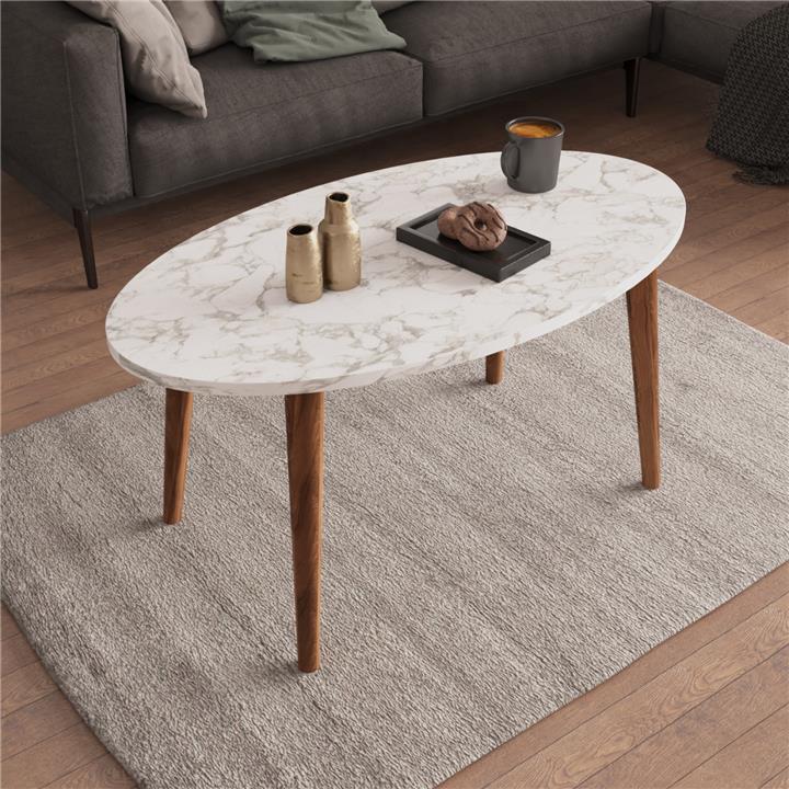 SET OF COFFEE TABLE & 3 SIDE TABLES VITAL HM18180.03 MELAMINE IN WHITE MARBLE-WOODEN LEGS IN WALNUT