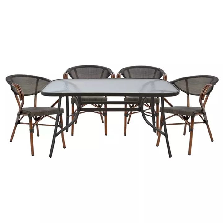 Set Dining Table 5 pieces Bruno Brown color & 4 Armchairs Bamboo Look Brown