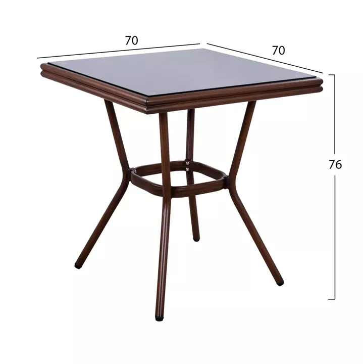 Aluminum Table 70X70X76 Bamboo Look HM5568.03 Brown with Glass
