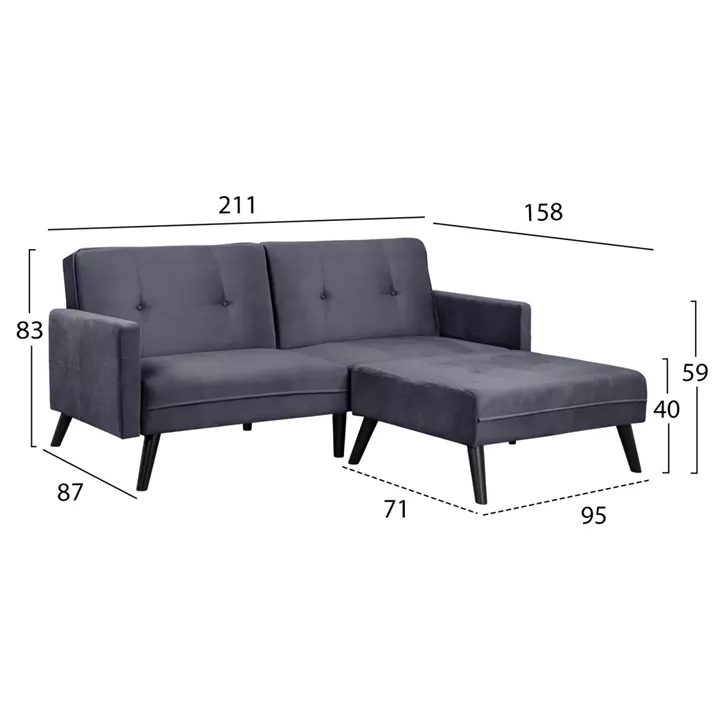 Sofa Corner Bed Livia HM3151.01 Velvet Grey with Footstep 211x158x83cm