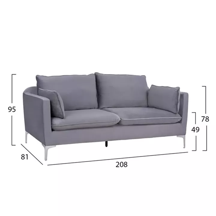Sofa Karen 3 Seater Grey Velvet & Metallic Chromes Legs HM3136.31 208x81x95 cm