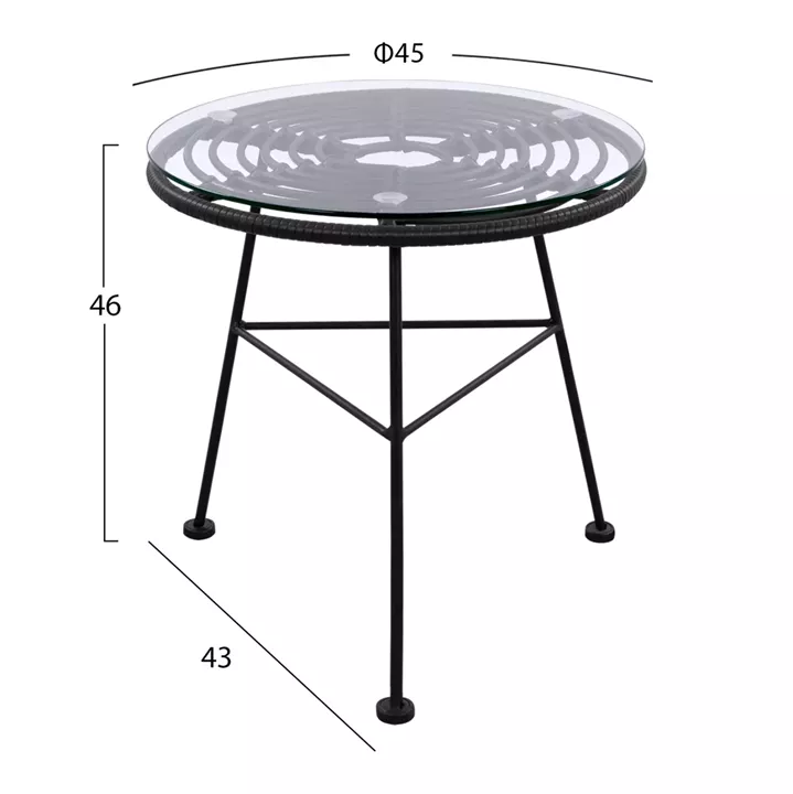 Metallic table Allegra with Wicker in Black color and glass HM5459.02 ''45x46cm
