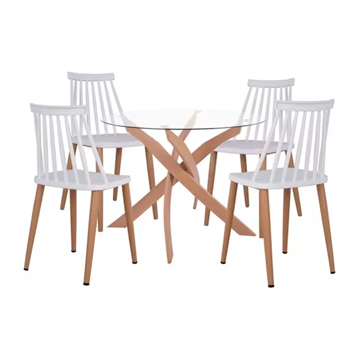 Set Dining Table 5 pieces Chairs Vanessa White & Metallic Table Round 90x74 HM11304