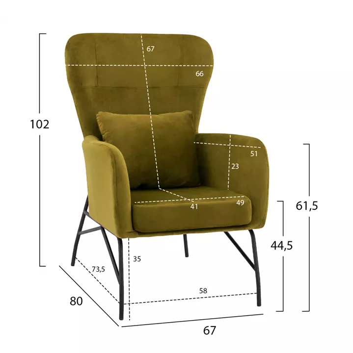 Armchair Velvet Olive-green shade with metallic black leg HM8721.13 67x80x102 cm.