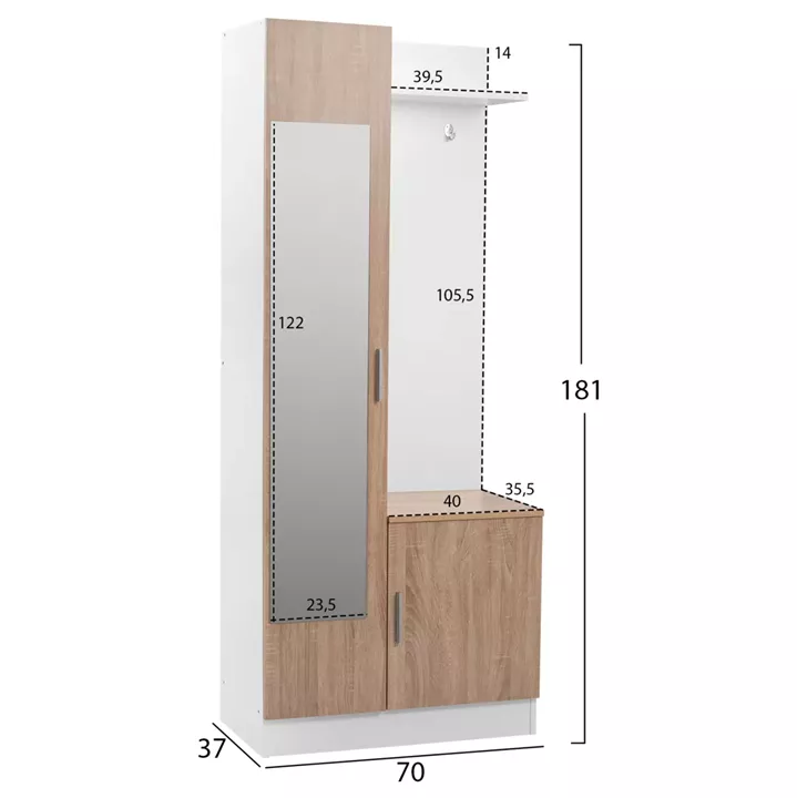 Entryway Furniture with mirror Janice HM2264 Sonama White 70,3x37,1x181,8 cm.