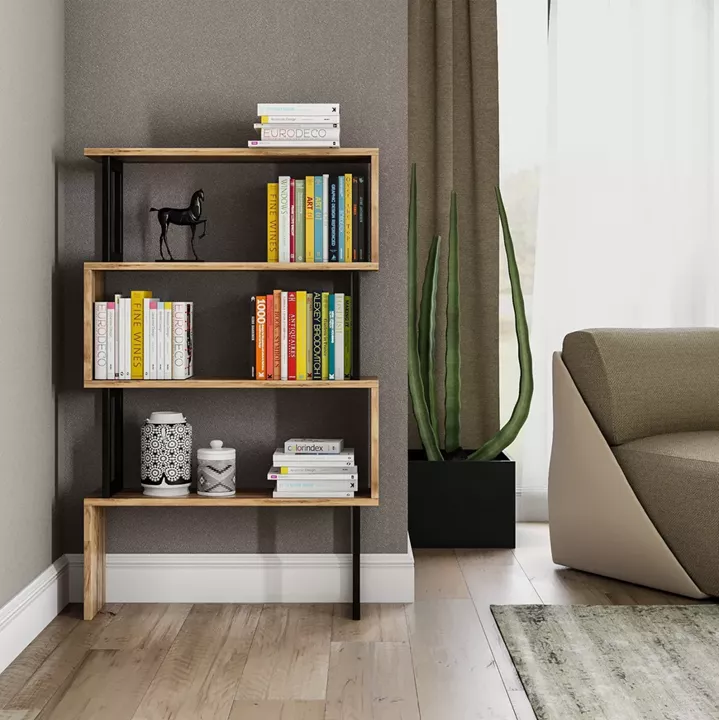 BOOKCASE IN WALNUT WITH BLACK FRAME HM8867.01 80x22x128cm.