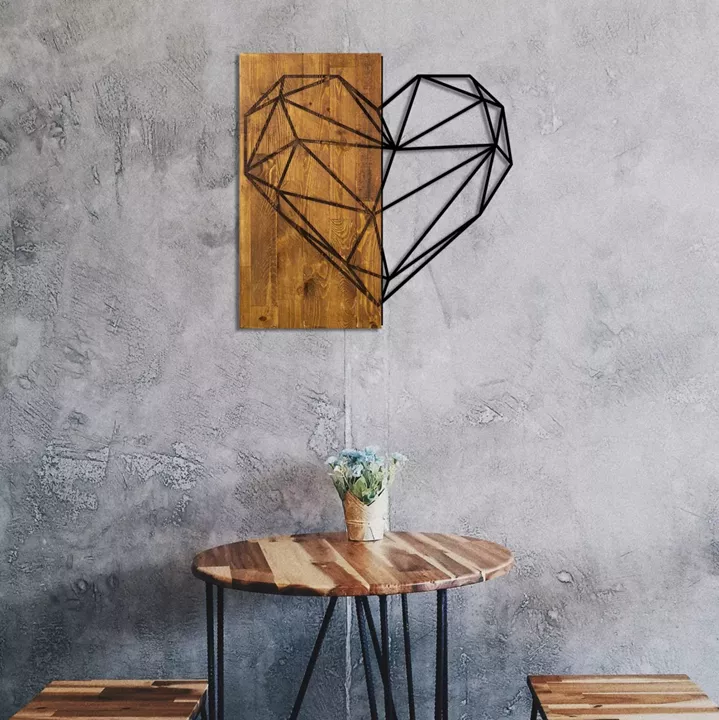 Wooden Wall Decoration with Black Metal Heart HM7219 58x58 cm.