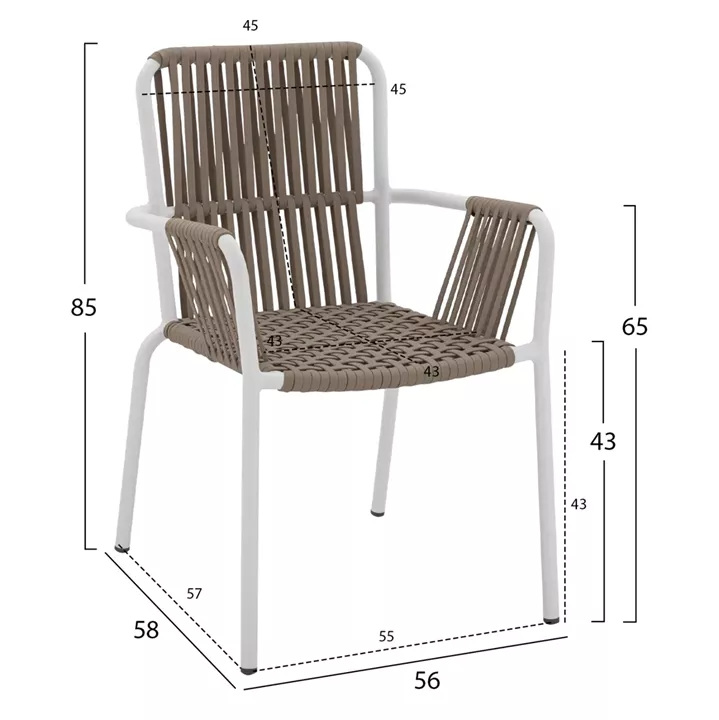 WHITE ALUMINUM ARMCHAIR WITH WIDE ROPE CAPPUCCINO HM5784.01 56x58x85 cm.