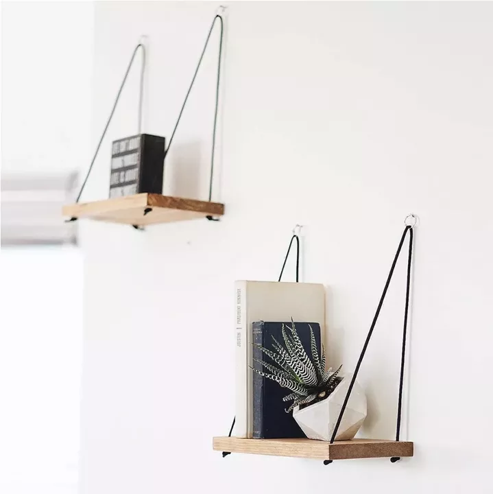 WALL SHELVES SET WITH ROPE AND WOOD HM8970.01 NATURAL WOOD BLACK 40x13x50 cm.