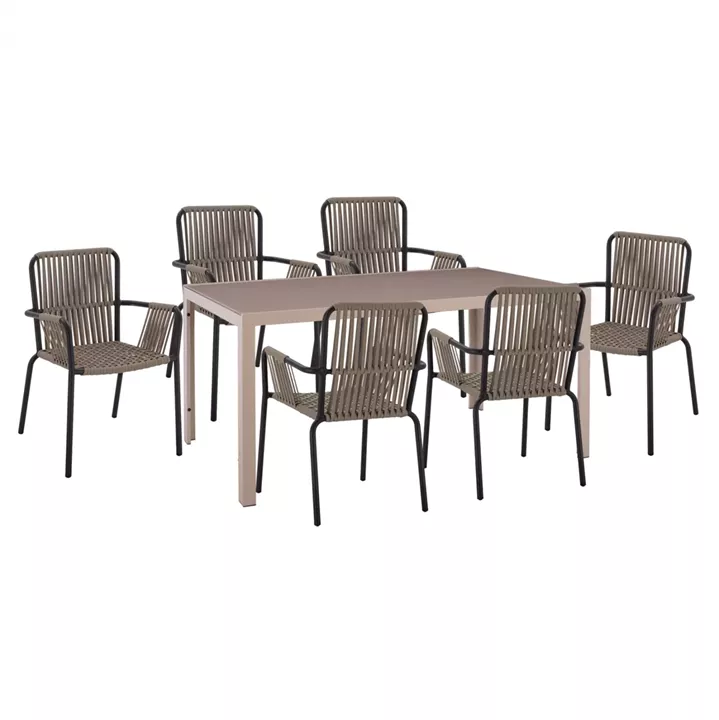 DINING SET 7PCS CAPPUCCINO TABLE 150x90 & CHARCOAL GREY ARMCHAIRS WITH ROPE HM11501