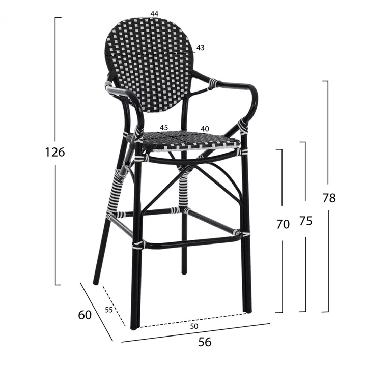 ALUMINUM STOOL BAMBOO LOOK WITH WICKER BLACK WHITE HM5794.02 56x60x126 cm.