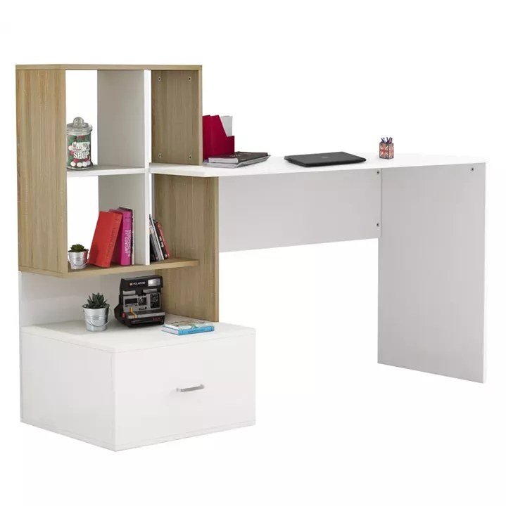 MELAMINE OFFICE WITH BOOKCASE SYNDYA HM8993.02 WHITE SONAMA 149x48x105Y cm.