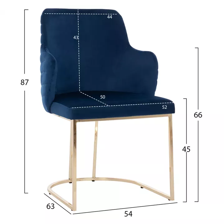 ARMCHAIR “SOLANA” HM9275.08 BLUE VELVET WITH METAL LEGS IN GOLD COLOR 54x63x87H CM.