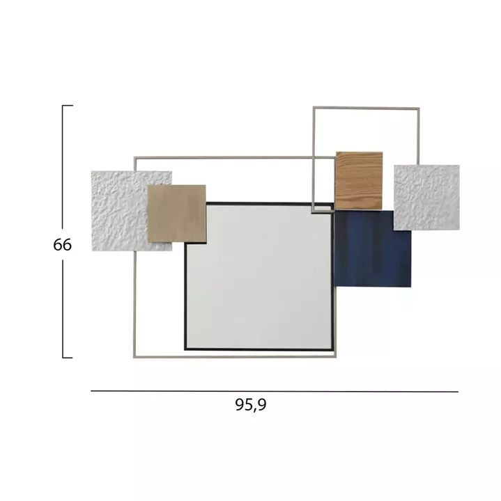 WALL DECOR HM7563 METAL MIRROR WITH SQUARE SHAPES OF VARIOUS COLORS AROUND IT- WHITE, OFF WHITE, BEIGE, BLUE, GREY