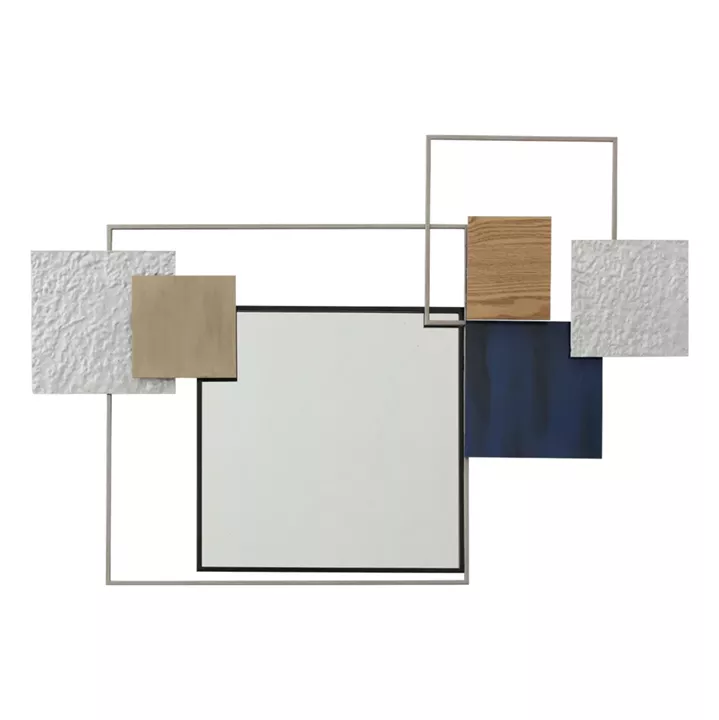 WALL DECOR HM7563 METAL MIRROR WITH SQUARE SHAPES OF VARIOUS COLORS AROUND IT- WHITE, OFF WHITE, BEIGE, BLUE, GREY