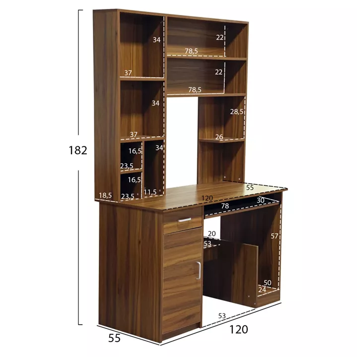 HM2032.04 desk STATUS with bookcase-shelves, walnut,120x55x182