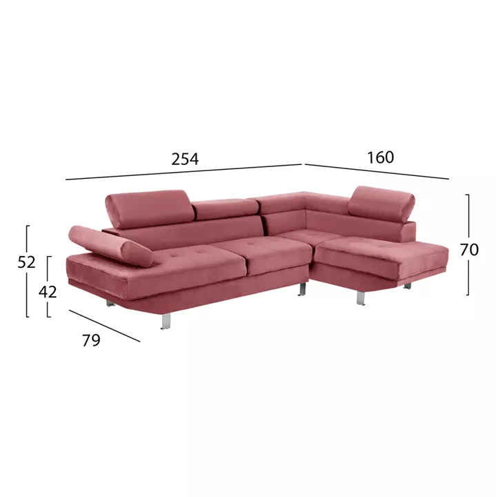 CORNER SOFA FAITH DUSTY PINK VELVET METAL LEGS 254x79-160x70H-84Hcm.HM3156.02