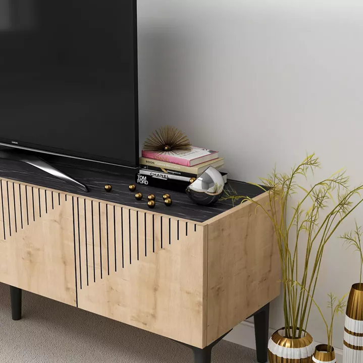 TV FURNITURE MELAMINE NATURAL COLOR AND BLACK MARBLE LOOK TOP 154x37x45Hcm.HM9435.01