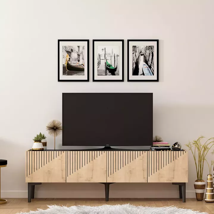 TV FURNITURE MELAMINE NATURAL COLOR AND BLACK MARBLE LOOK TOP 154x37x45Hcm.HM9435.01