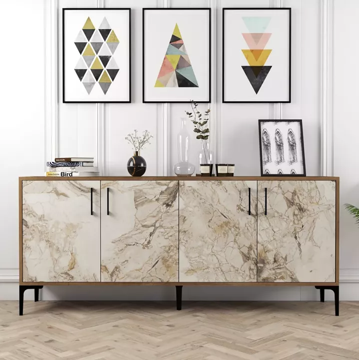 BUFFET MELAMINE ECRU MARBLE LOOK AND WALNUT 180x35x78Hcm.HM9428.02