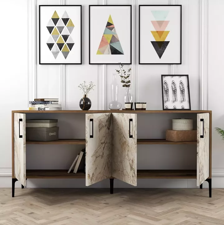 BUFFET MELAMINE ECRU MARBLE LOOK AND WALNUT 180x35x78Hcm.HM9428.02