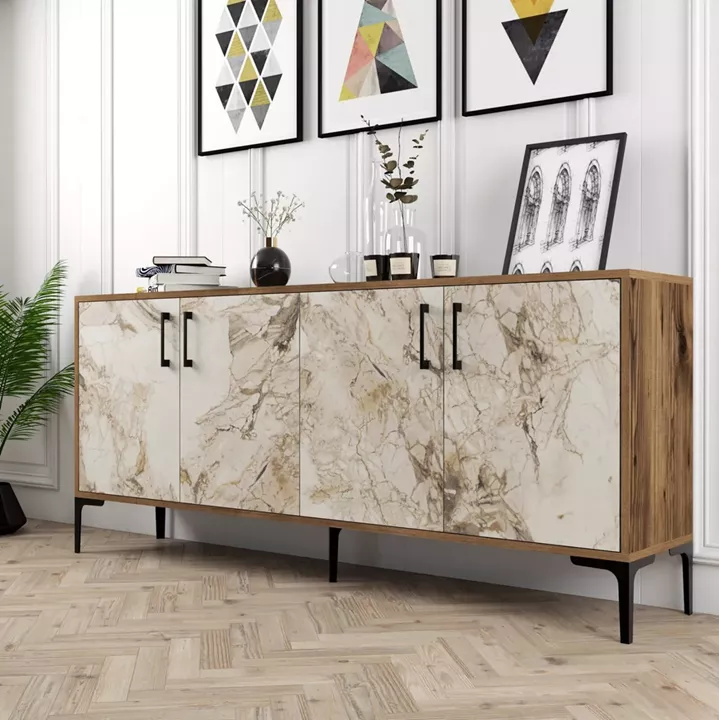 BUFFET MELAMINE ECRU MARBLE LOOK AND WALNUT 180x35x78Hcm.HM9428.02