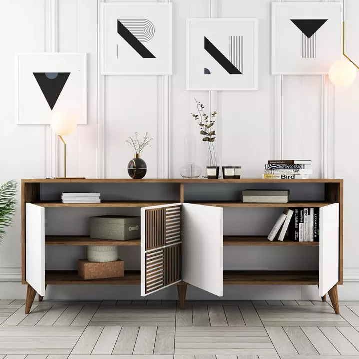 BUFFET MELAMINE IN WALNUT WITH WHITE DOORS 180x35x78.6Hcm.HM9431.02