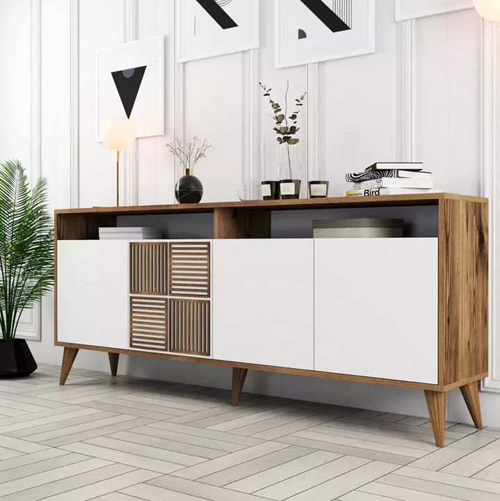 BUFFET MELAMINE IN WALNUT WITH WHITE DOORS 180x35x78.6Hcm.HM9431.02