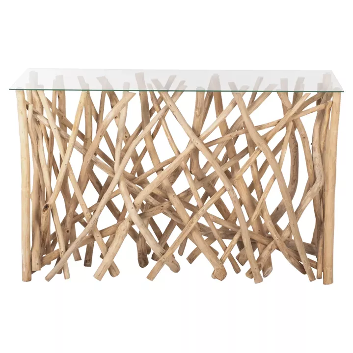 CONSOLE IN RUSTIC STYLE SOLID TEAK BRANCHES NATURAL COLOR & GLASS 120X35X75Hcm.HM9373