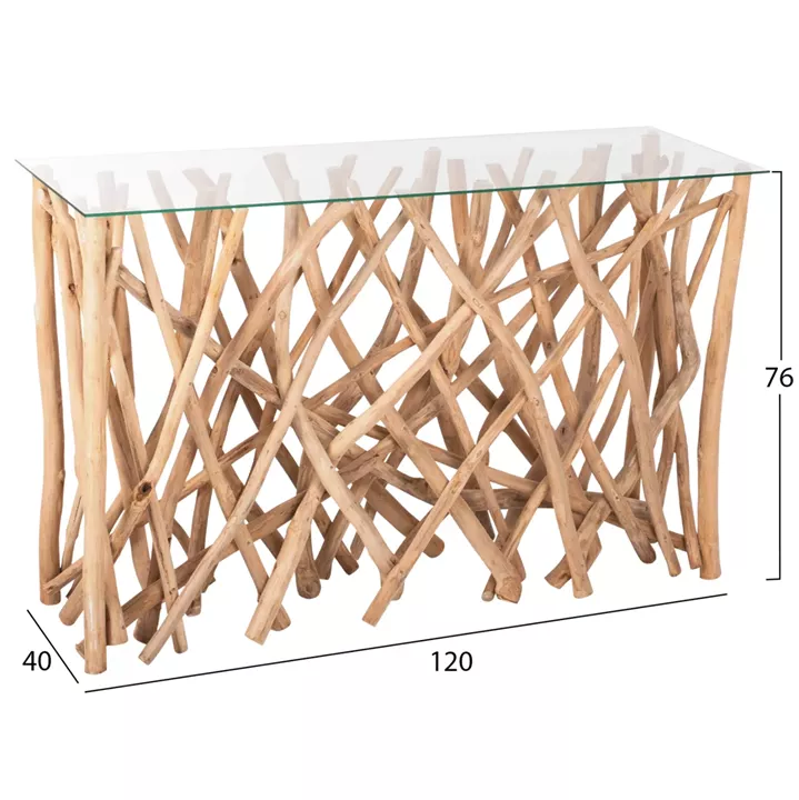 CONSOLE IN RUSTIC STYLE SOLID TEAK BRANCHES NATURAL COLOR & GLASS 120X35X75Hcm.HM9373