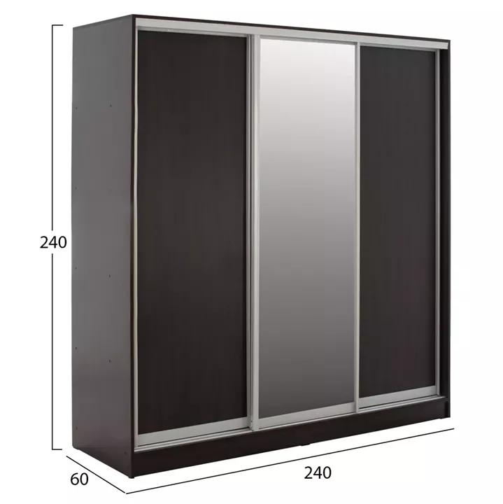 WARDROBE ADLER SLIDING MELAMINE WENGE WITH MIRROR 3-LEAF 240x60x240H HM2462.02
