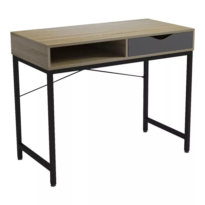 Office desk Kama pakoworld in sonoma-grey color with black metallic legs 95x48x76cm