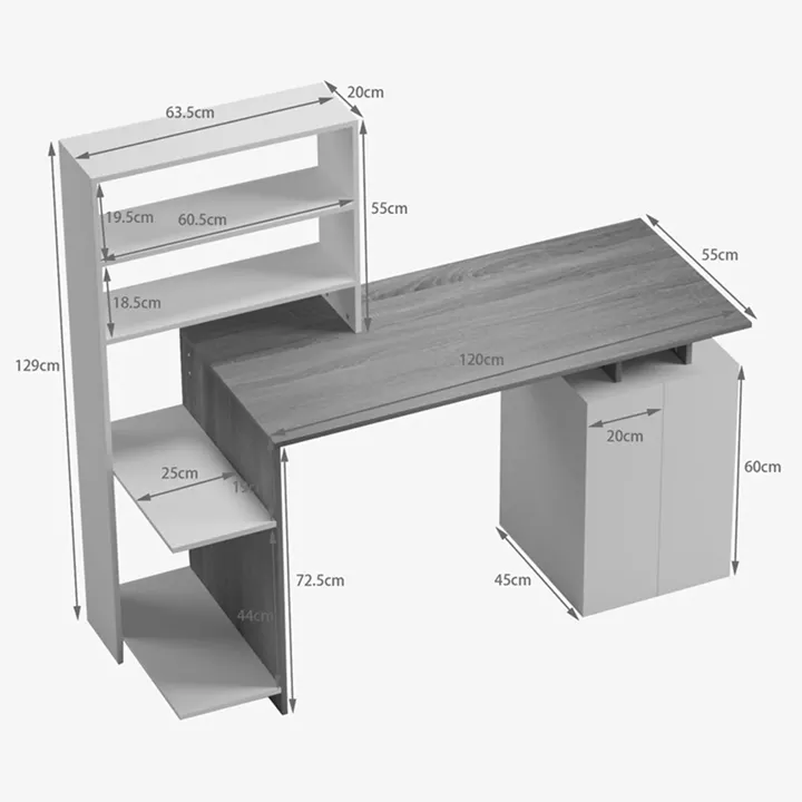 Ofiice desk with a bookshelf and a cabinet Meza pakoworld in sonoma-white color 146.3x55x128.8cm